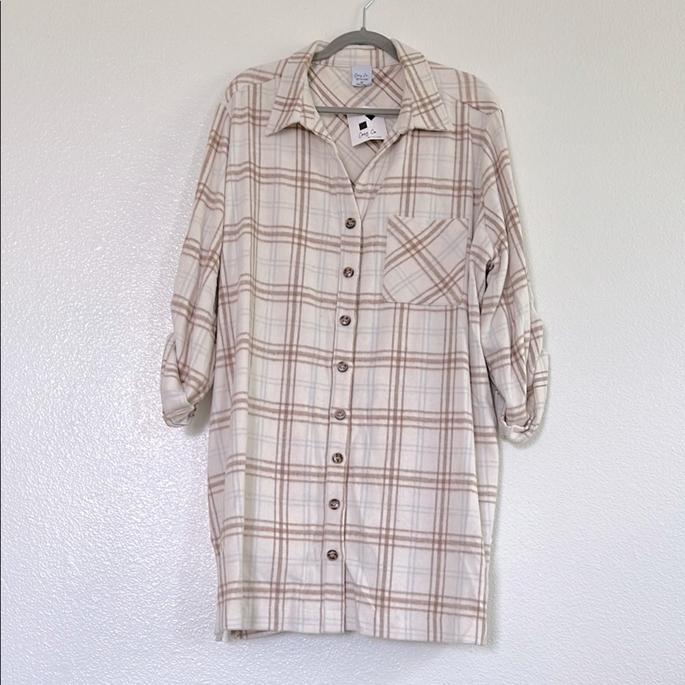 Light Beige Plaid Button-Front Shirt Dress - 3/4 Sleeve
